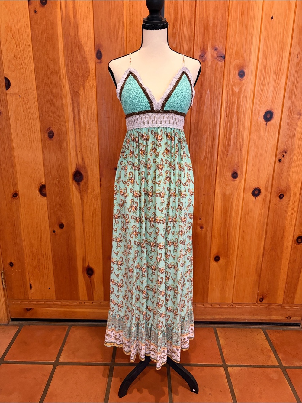 Rue 21 Crochet Bodice Floral Boho Maxi Dress Mint Aqua Brown White Size Small